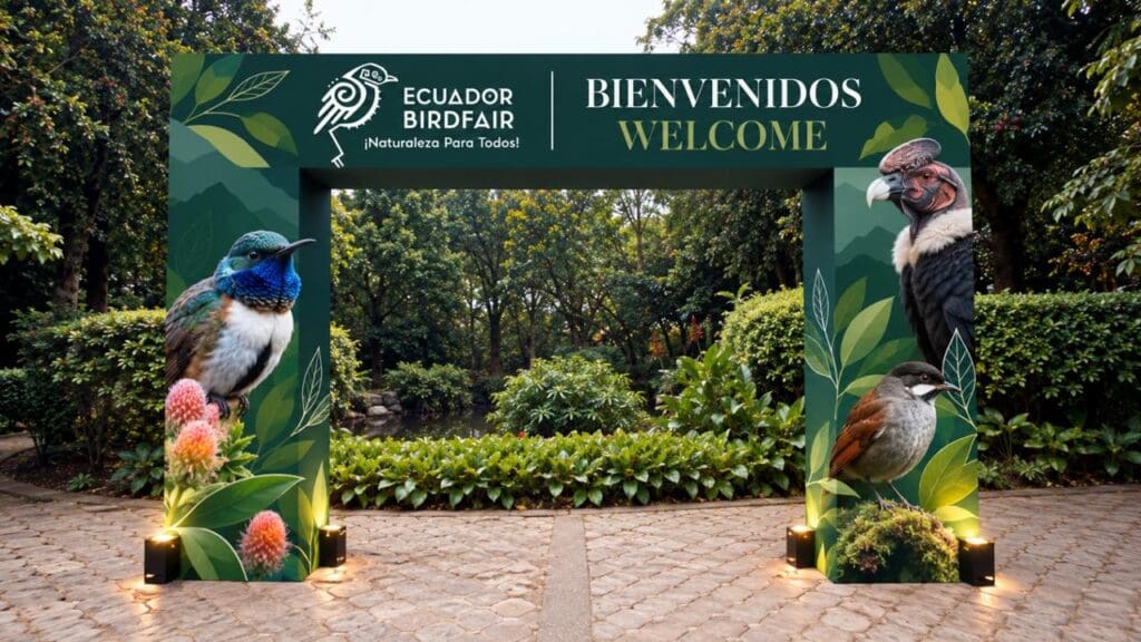 Imagen creada con IA de un arco de bienvenida de Ecuador BirdFair con un colibrí, un cóndor andino y otra ave, en un sendero de jardín.